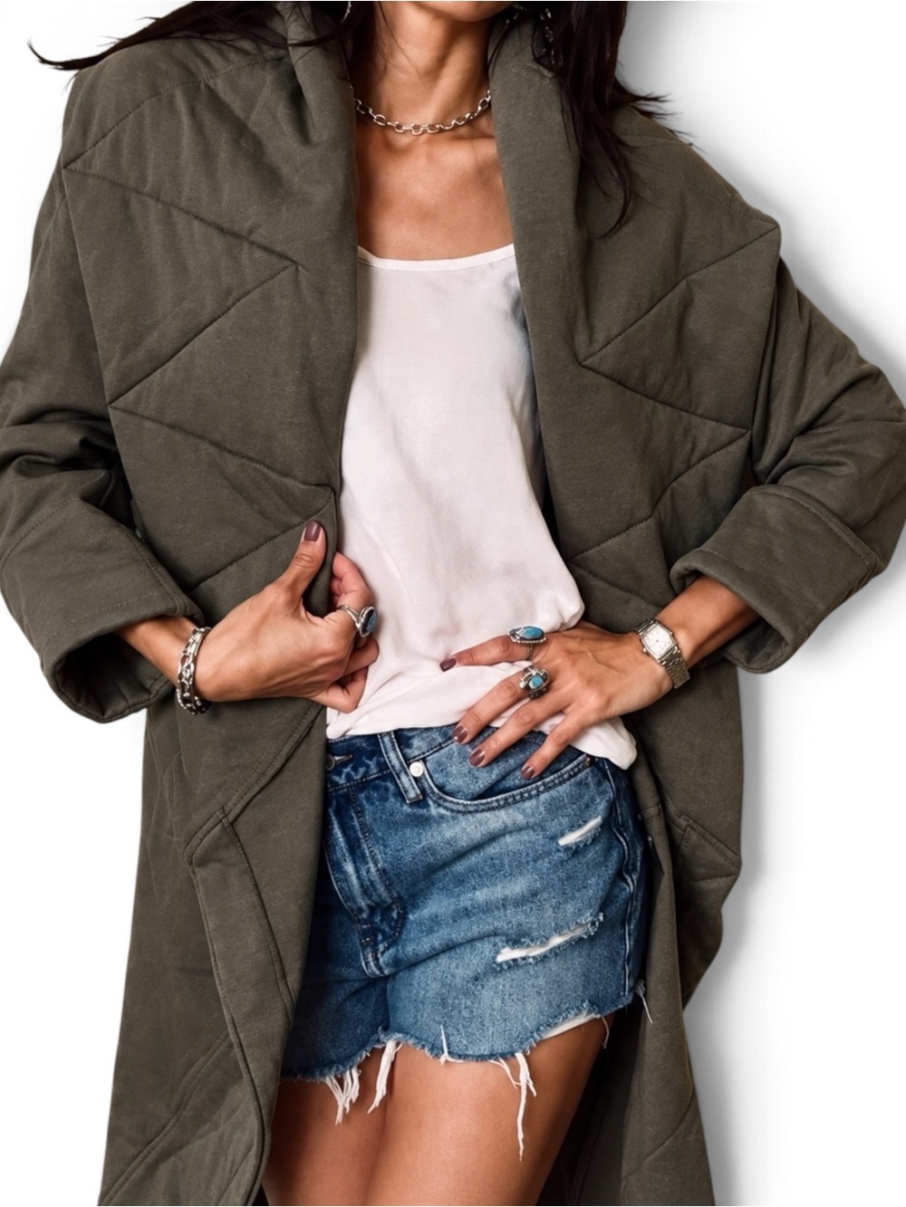 Young Fabulous & Broke Quilted Sandrine Coat In Sage Size M/L Cowl Neck Casual
